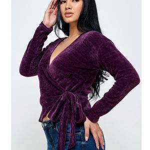 Sweet Charm Purple Chenille Wrap Top Size L NWT